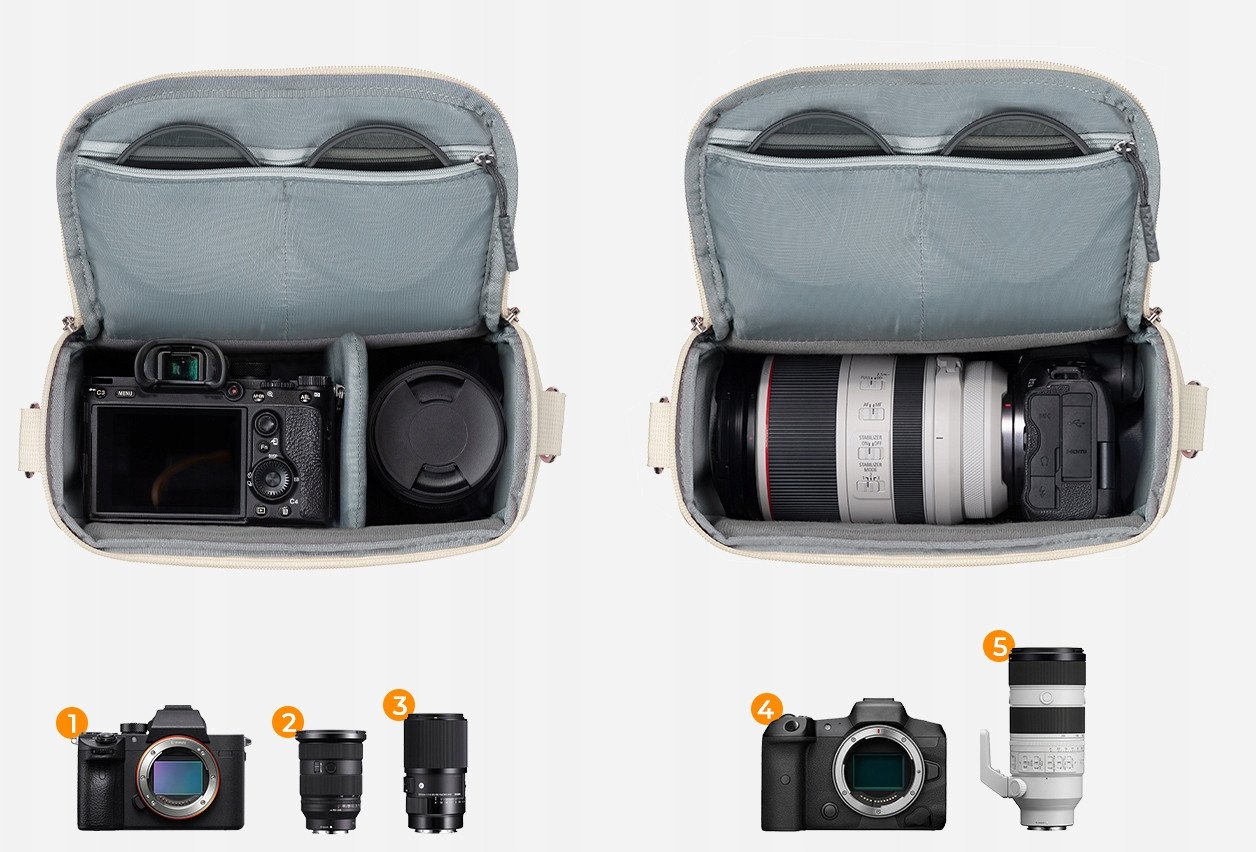 Çantë shpatulle për aparat fotografik K&amp;F Concept Sling Bag Small, për DSLR SLR dhe kamera kompakte, bezhë
