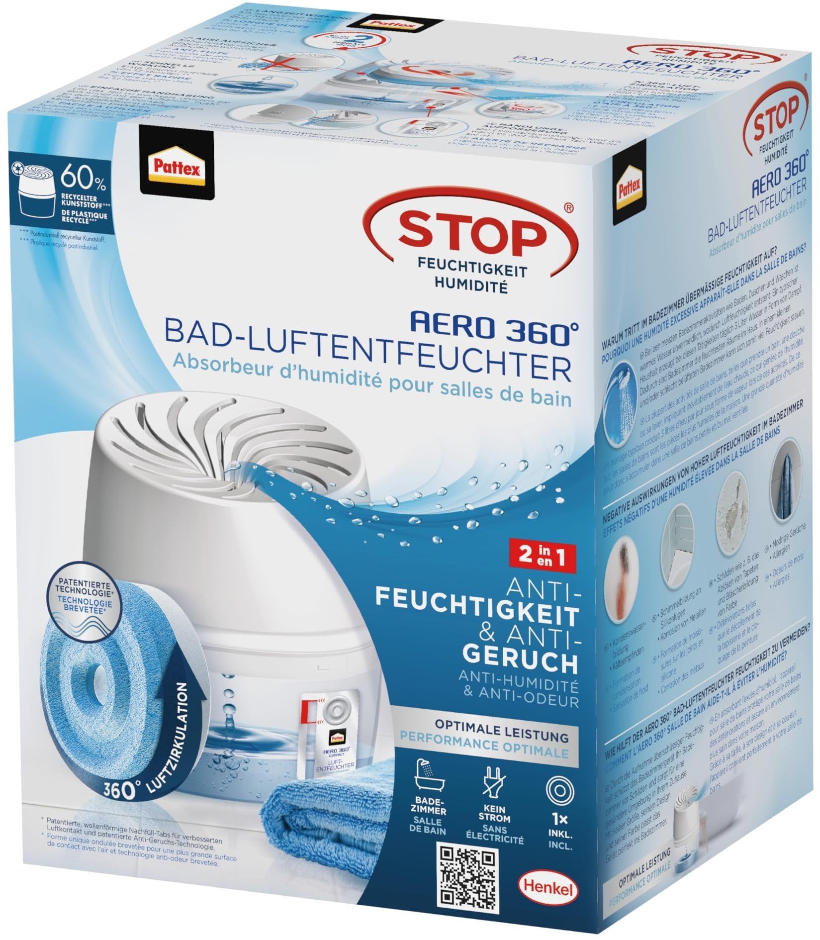 Одвлажнувач на воздух Pattex AERO 360, за бања, вклучува таблета 450 g, бел