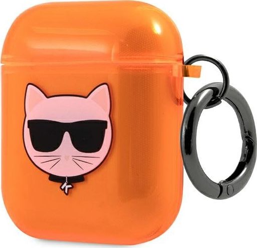 Mbulesë mbrojtëse Karl Lagerfeld KLA2UCHFO Choupette për AirPods 1/2, TPU, me kapëse, portokalli fluo