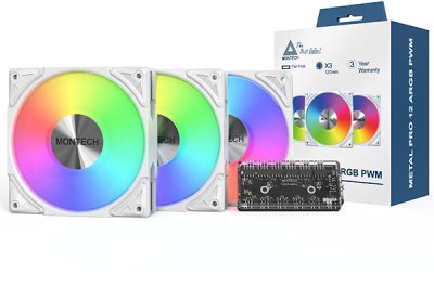 Ventilator kase Montech Metal Pro 12 ARGB PWM, set 3x120mm, me fan hub, i bardhë