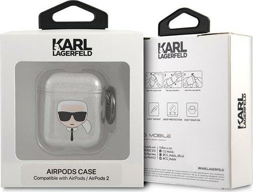 Mbulesë mbrojtëse Karl Lagerfeld KLA2UKHGS për AirPods 1/2, glitter, argjend