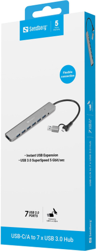 USB хаб Санберг USB C и USB A, 7 порти USB 3.0, црн