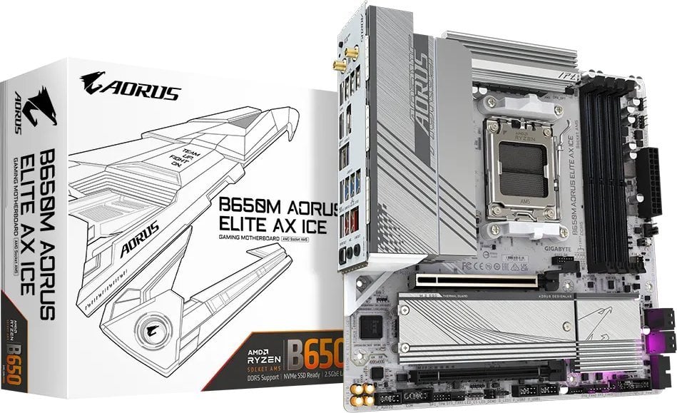 Pllakë amë Gigabyte B650M AORUS ELITE AX ICE, AMD B650, Socket AM5, 4 slota, Bluetooth, Wi-Fi 6, Micro ATX