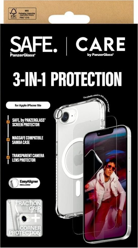 Заштитен сет за телефон CARE by PanzerGlass Fashion 3 in 1, отпорен на кршење, проѕирен