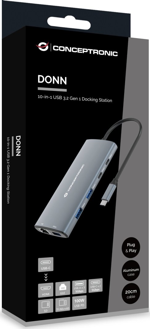 Docking station CONCEPTRONIC DONN06G, 10 në 1, USB 3.2 Gen 1, HDMI, USB-C PD 100W, gri