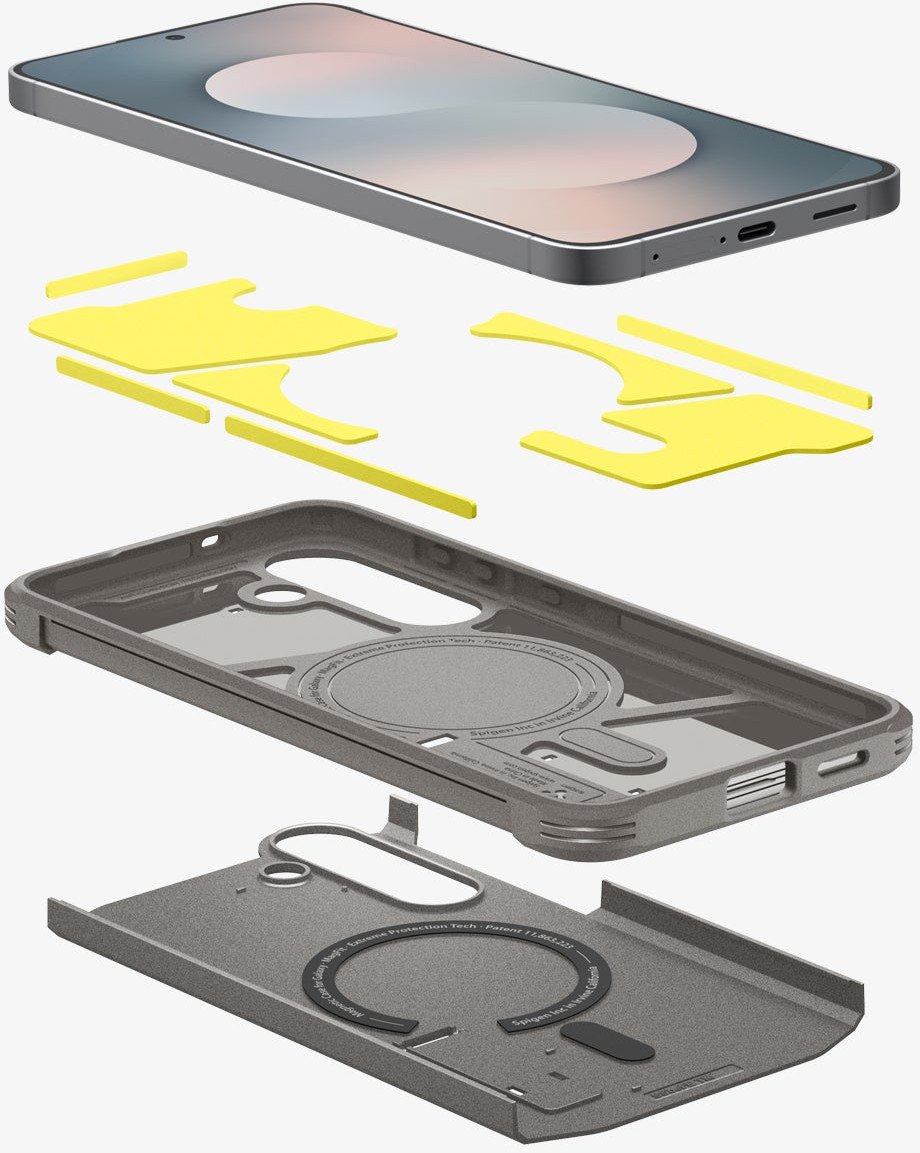 Kuti mbrojtëse Spigen Tough Armor MagSafe, Samsung Galaxy S25 FE, rezistente ndaj goditjeve, gunmetal beige