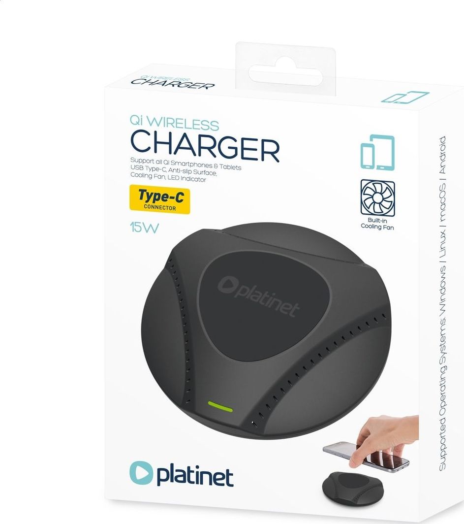 Karikues wireless Omega Platinet me ftohje të ventilatorit TYPE-C, 15W, i zi