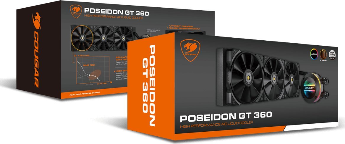 Ftohës uji AIO Cougar Poseidon GT 360, radiator 360mm, ARGB, i zi