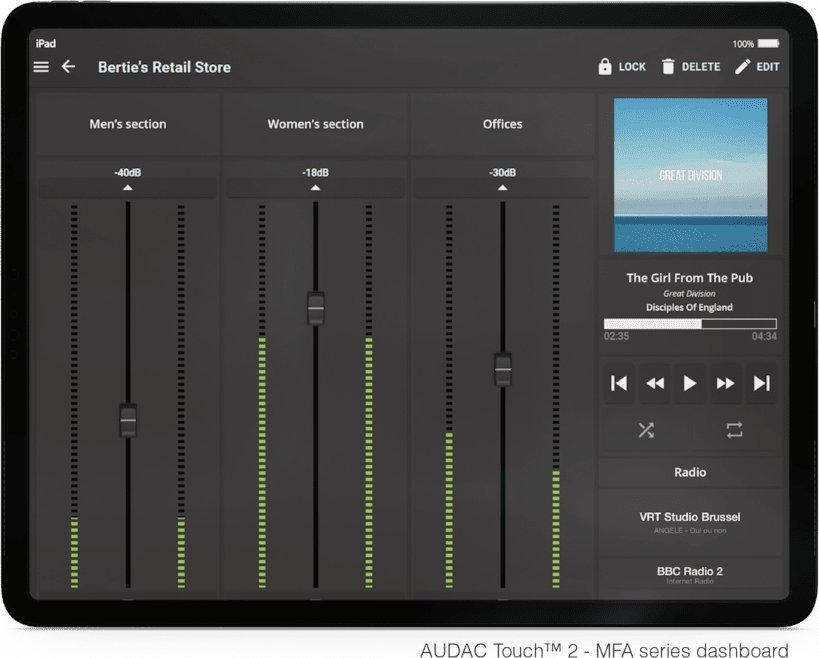 Аудио засилувач Audac MFA208, 2 x 40W 4 Ohm, 80W 70/100V, црн