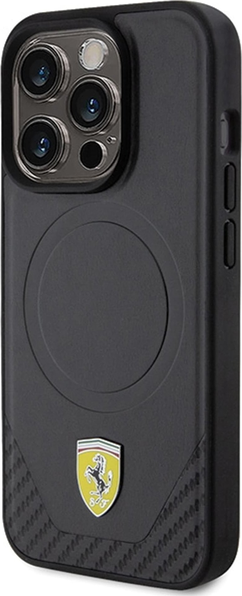 Mbrojtëse telefoni Ferrari Carbon Metal Logo me MagSafe, për iPhone 15 Pro, e zezë