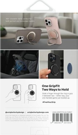 Mbajtës telefoni magnetik Uniq GripFit 360, rrotullim 360°, me kickstand, gri