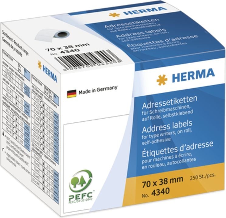 Etiketa vetëngjitëse HERMA 4340, 70 x 38 mm, 250 etiketa, të bardha