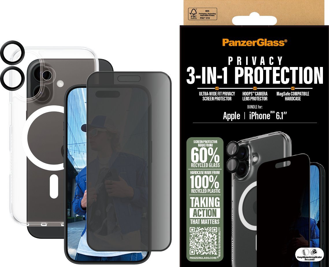 Set mbrojtës CARE by PanzerGlass për iPhone 16, xham privatësie, mbrojtje kamere, HardCase transparent