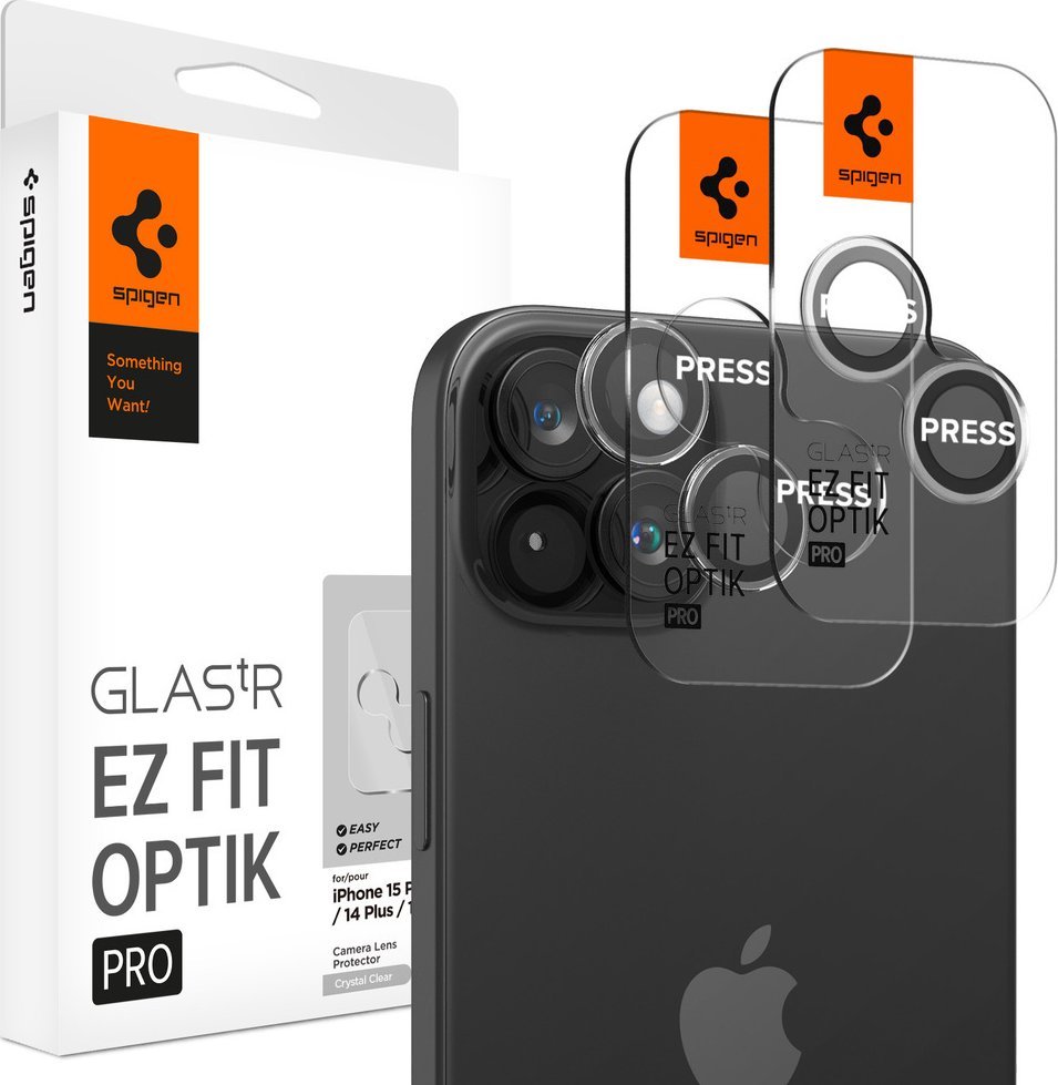Заштита за камера Spigen Glass tR EZ Fit Optik Pro, 2 парчиња, проѕирна, за iPhone 15 15 Plus 14 14 Plus