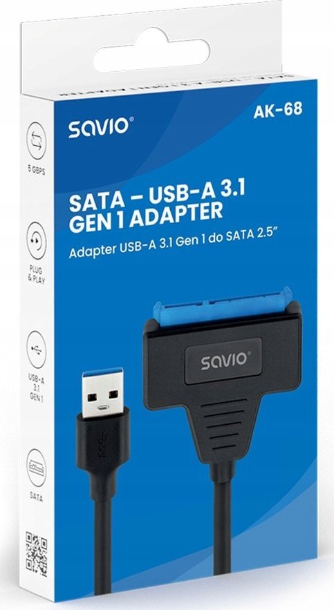 Adapter USB A 3.1 në SATA Savio AK-68, për disqe 2.5", i zi