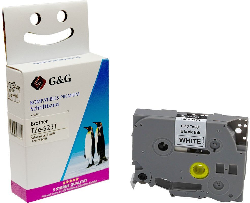 Лента за етикетирање G&amp;G, 12mm, 8m, бела со црн печат