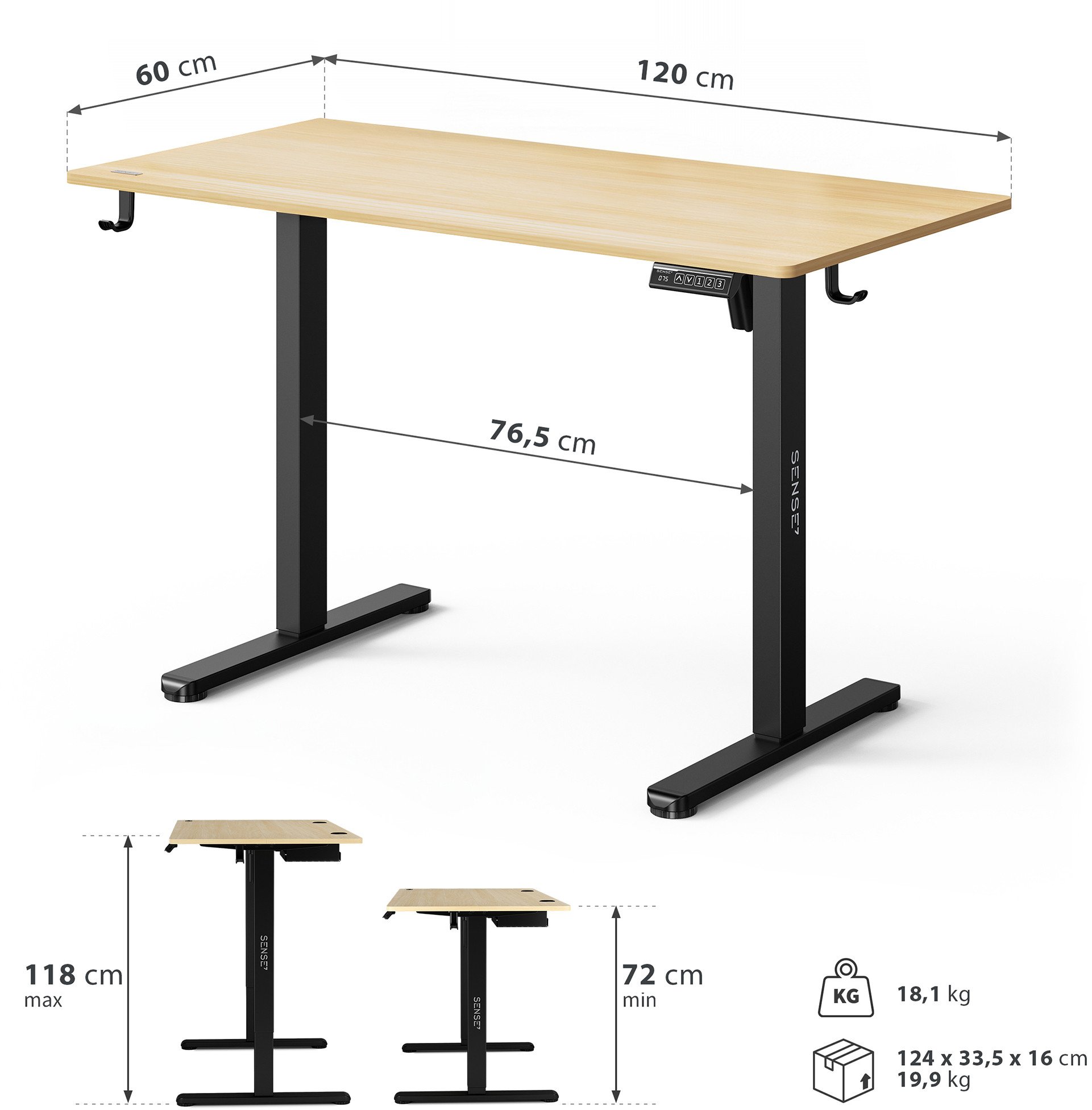 Tavolinë elektrike SENSE7 NOJO LIGHT, 120 cm x 60 cm, kafe e hapur / zezë