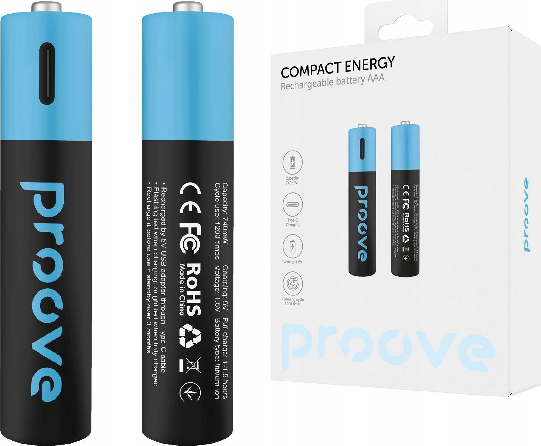 Bateri të rikarikueshme AAA Proove, 740 mWh, 2 copë, të zeza