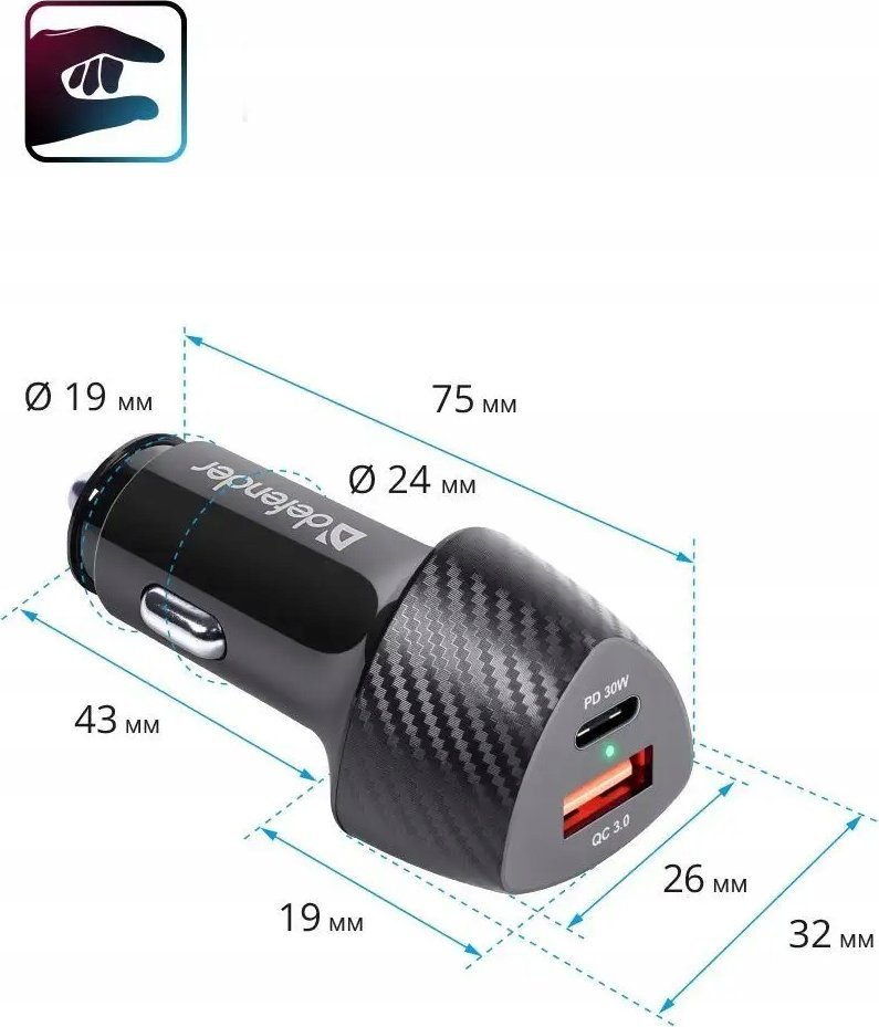 Karikues makine Defender QC Fast, 30W, USB dhe USB C PD QC 3.0, i zi
