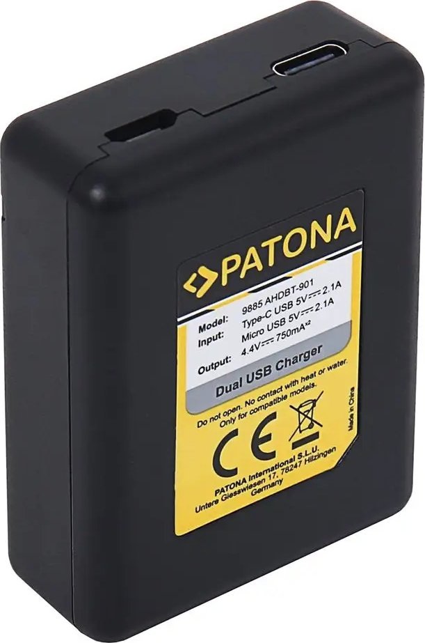 Karikues baterish Patona Dual USB, për GoPro Hero 9 dhe Hero 10, i zi