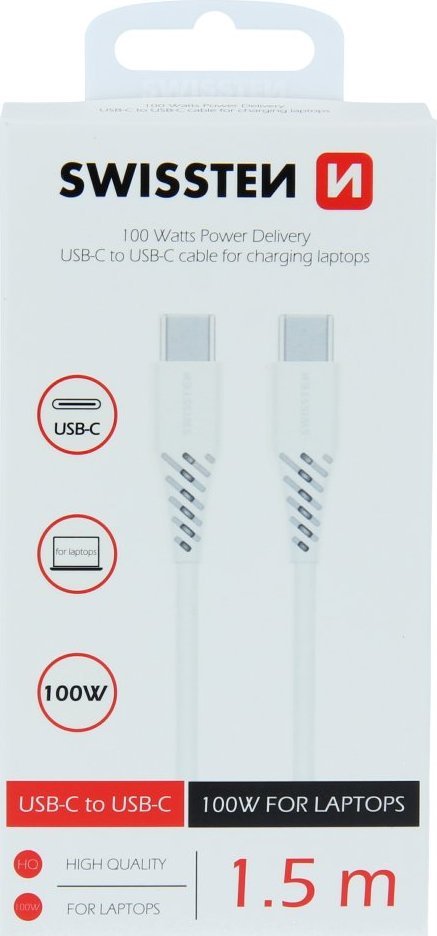Kabllo USB C në USB C Swissten, 100W 5A, 1.5m, e bardhë
