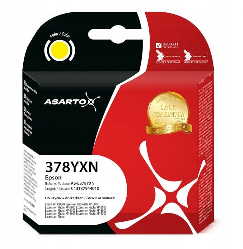 Katrid bojë Asarto për Epson 378XL, C13T37944010, 830 faqe, e verdhë