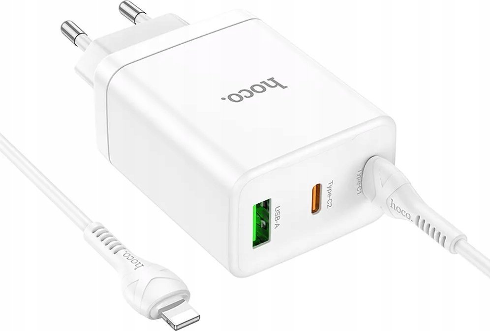 Karikues muri Hoco Mains Charger, 2x Type C, USB A, PD QC 3.0, me kabllo USB C në Lightning, i bardhë