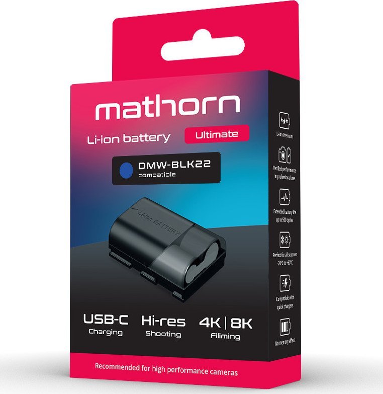 Bateri kamerë Mathorn MB-254, zëvendësuese Panasonic DMW-BLK22, karikim USB-C, e zezë