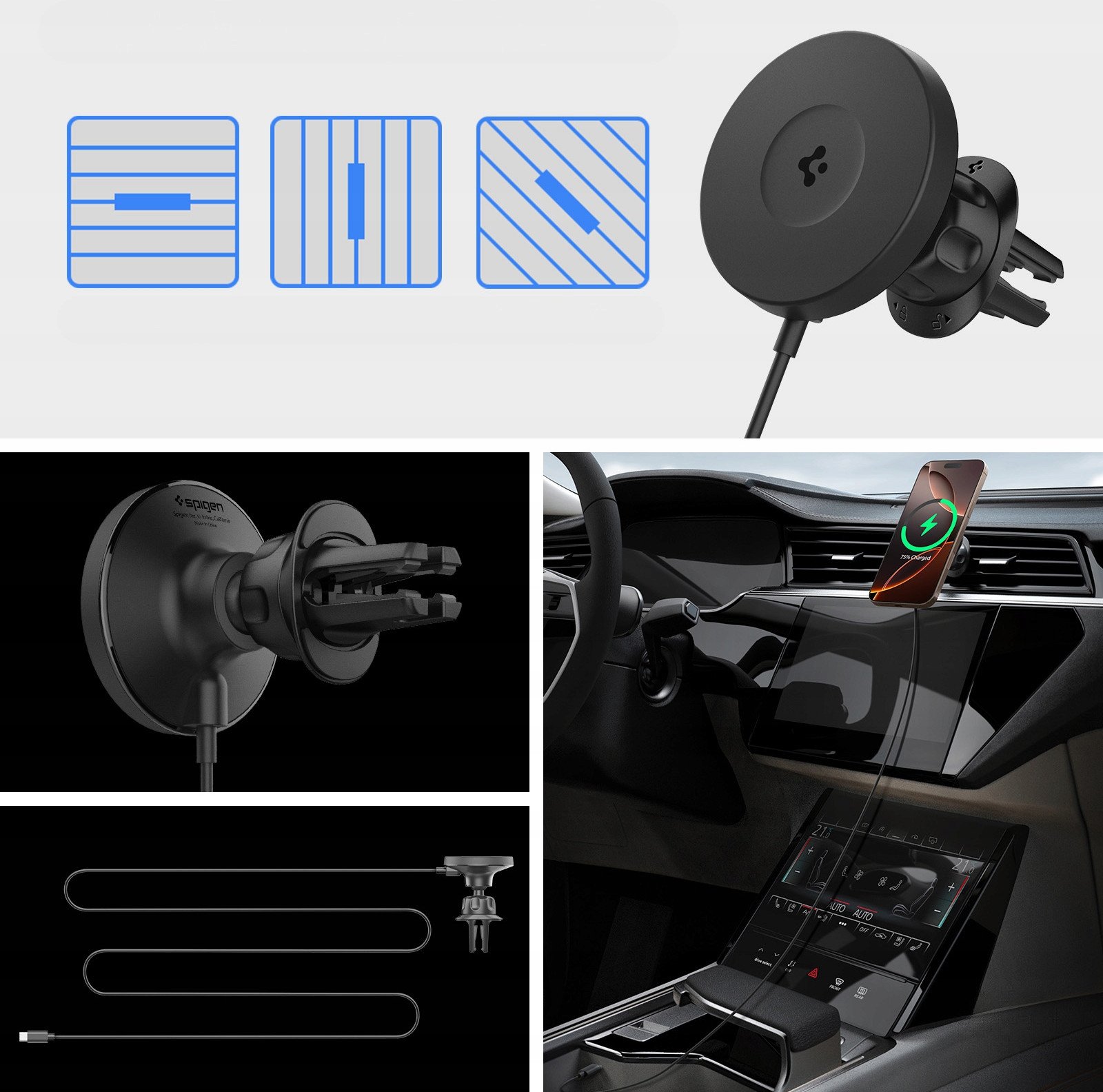 Mbajtës makine me karikues wireless Spigen OneTap Pro 4 MagSafe, montim në grilë ajri, për telefona MagSafe, i zi