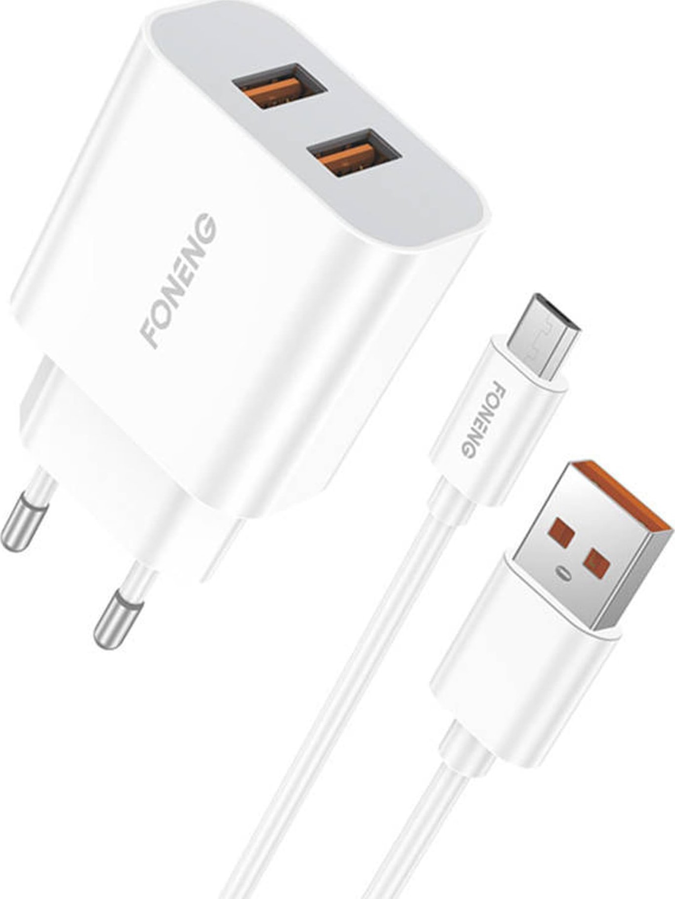 Karikues muri Foneng EU45, 2x USB, 12W, me kabllo Micro USB, i bardhë