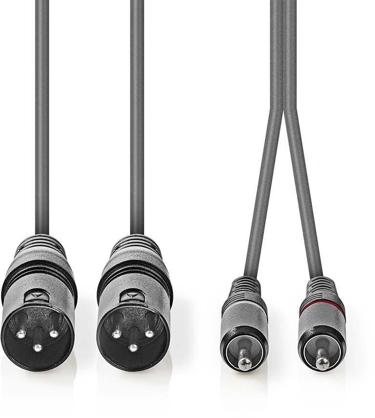 Аудио кабел Nedis XLR во RCA, 3 m, 2x XLR 3 pin машки 2x RCA машки, сив
