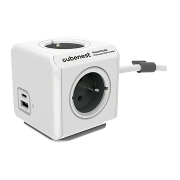 Zgjatës prizash Cubenest Powercube Extended, 4x prizë, USB A+C PD 20W, 1.5 m, i bardhë gri