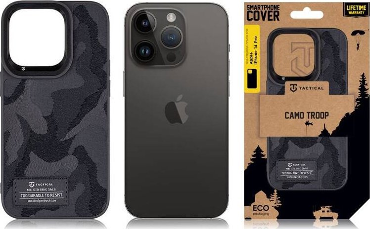 Mbulesë telefoni Tactical Camo Troop për iPhone 14 Pro, mbrojtëse, e zezë