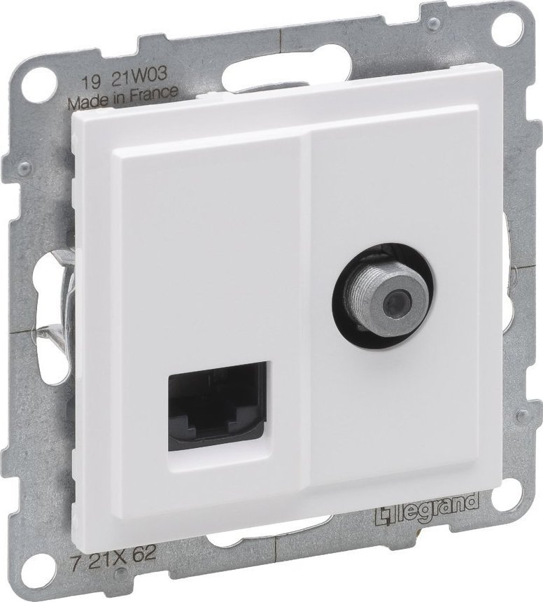Prizë TV dhe rrjeti Legrand SUNO 721162, TV F 1.5dB, RJ45 Cat 6 UTP, e bardhë