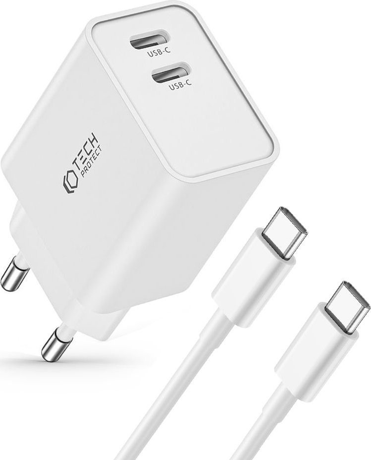Полнач за мрежа Tech-Protect C35W, 2 порти USB-C PD 35W, со кабел USB-C 1m, бел