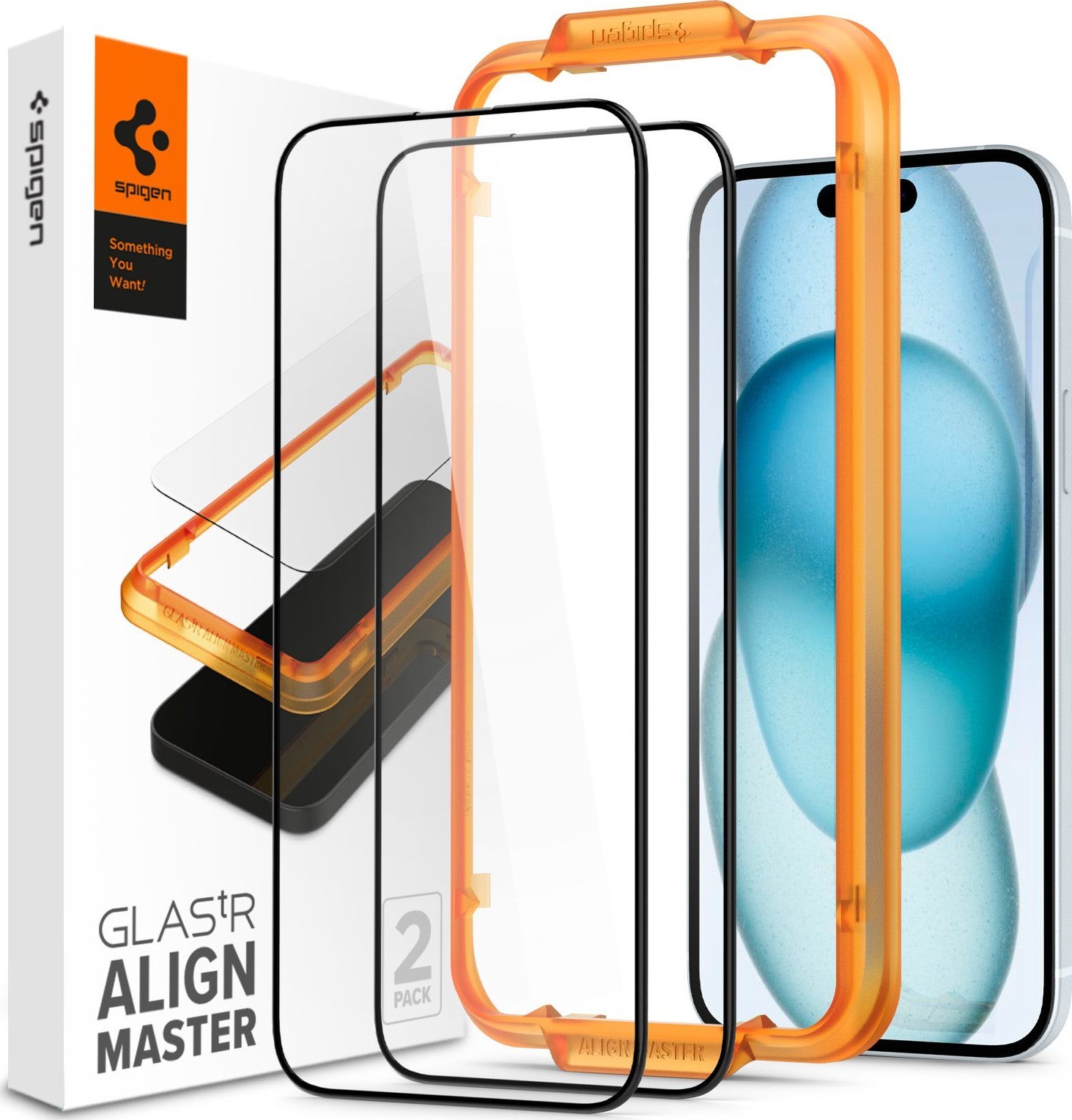 Xham mbrojtës Spigen Glas.tR FC Align Master për iPhone 15, paketim 2 copë, kornizë e zezë