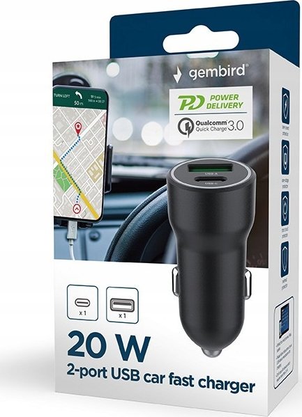 Karikues Gembird, për makinë, 2x USB, PD 20W, i zi