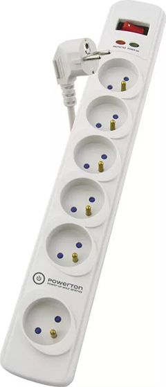 Електричен продолжувач Powerton, 6 приклучоци, кабел 3 m, бел