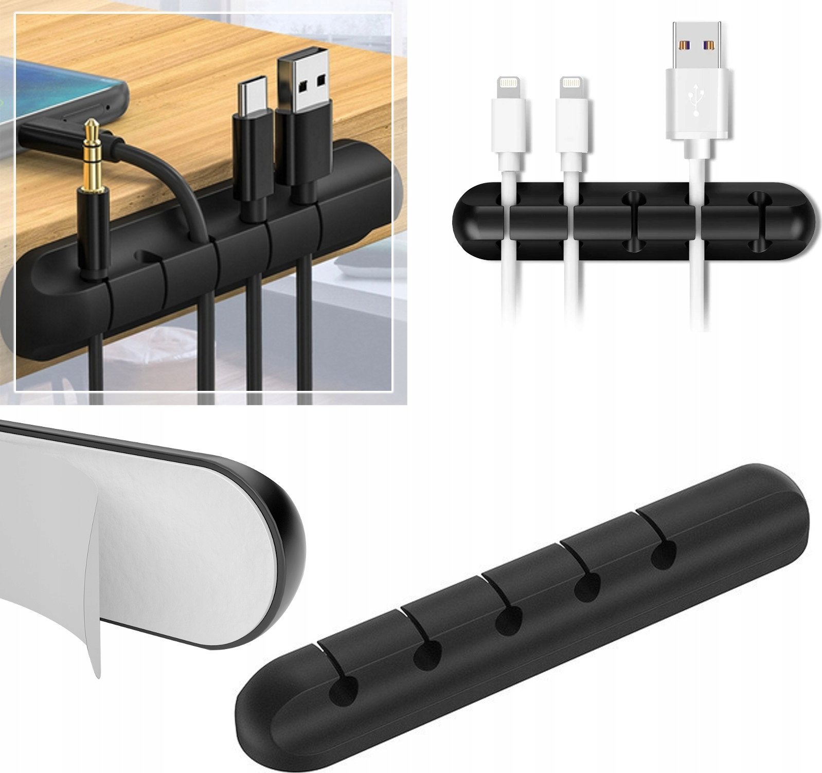 Organizues kabllosh pa markë, 5 vende, silikoni, ngjitës, i zi