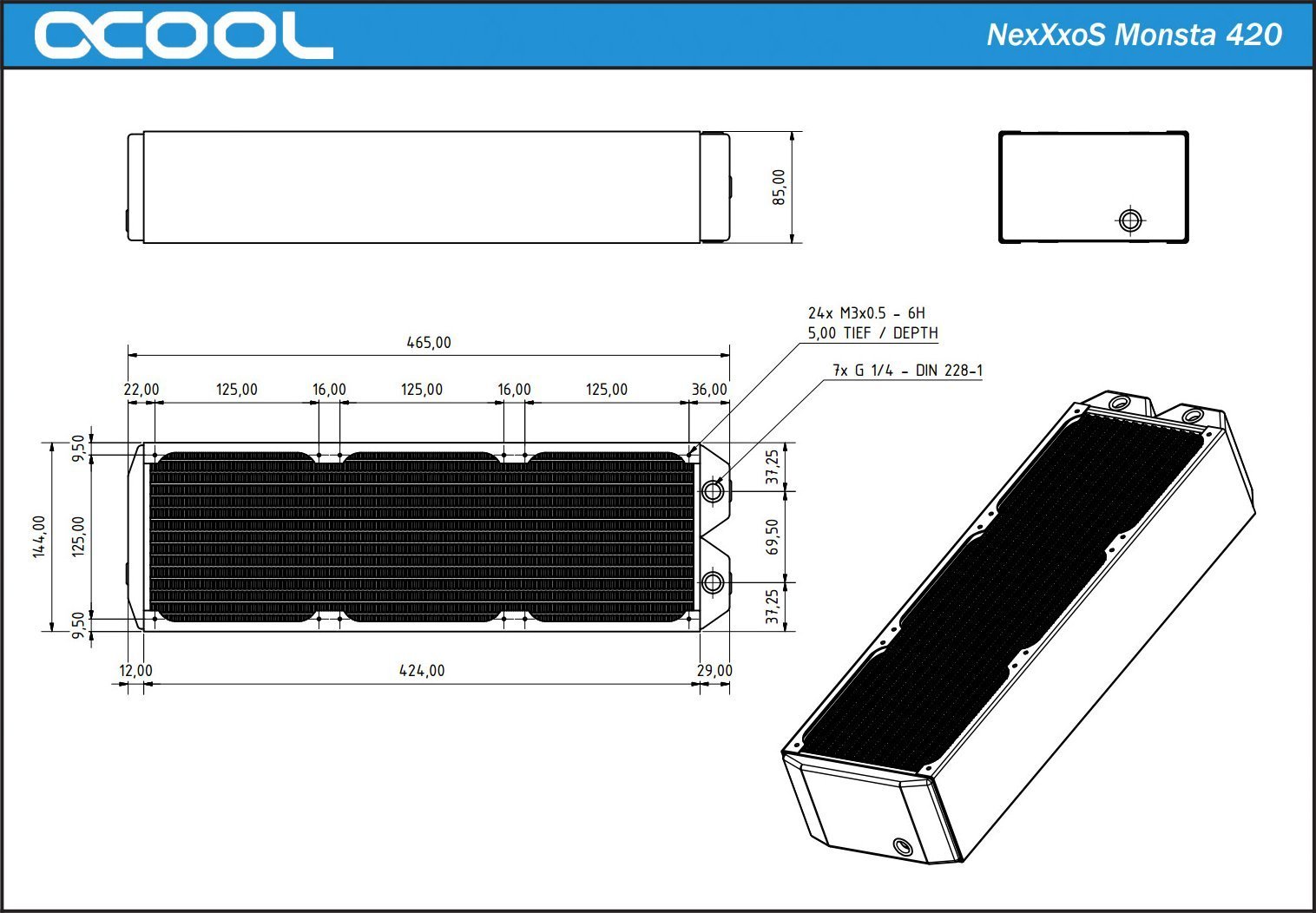 Radiator ftohës Alphacool NexXxos Monsta 420, për 3 ventilatorë 140mm, i zi