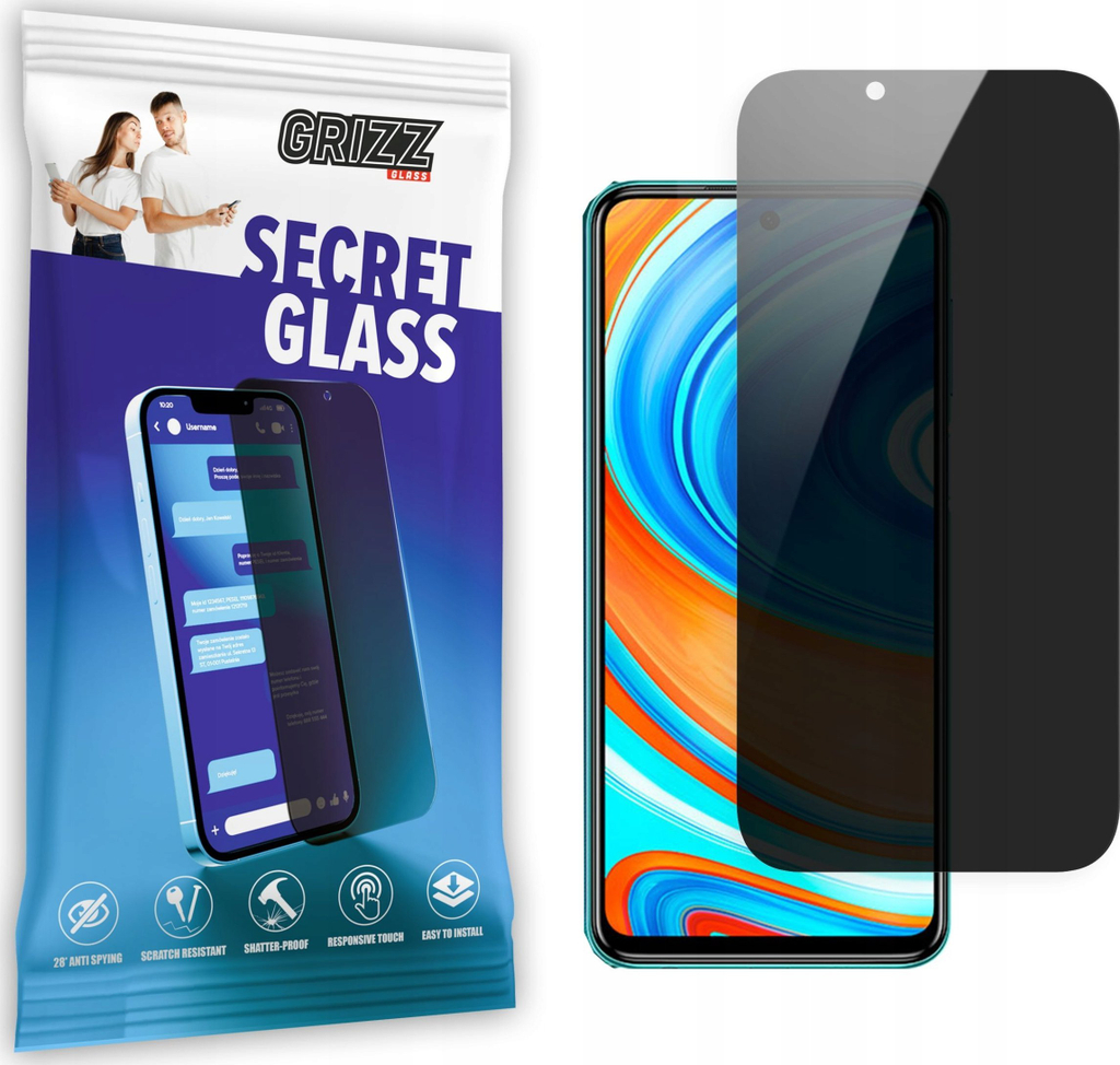Xham mbrojtës privatësie Grizz SecretGlass për Xiaomi Redmi Note 9 Pro 5G, plotësisht i zi