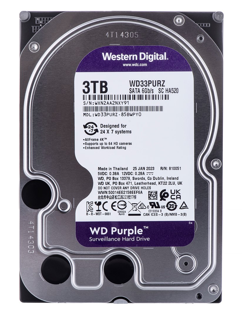 Hard Disk Western Digital WD Purple, 3.5", 3TB, 5400RPM, 256MB Cache