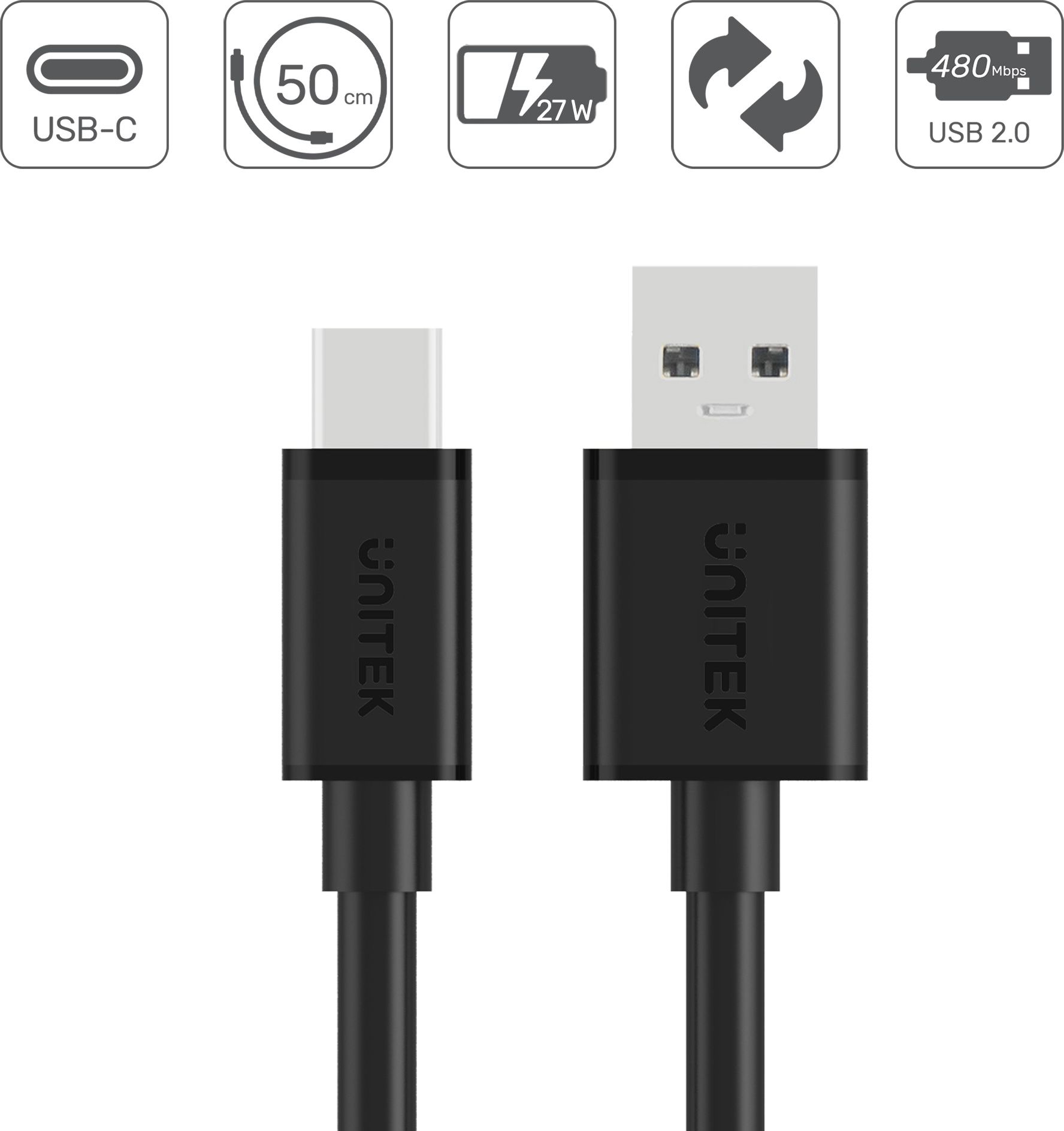 Kabllo USB Unitek Y-C481BK, USB-A në USB-C, 0.5m, e zezë