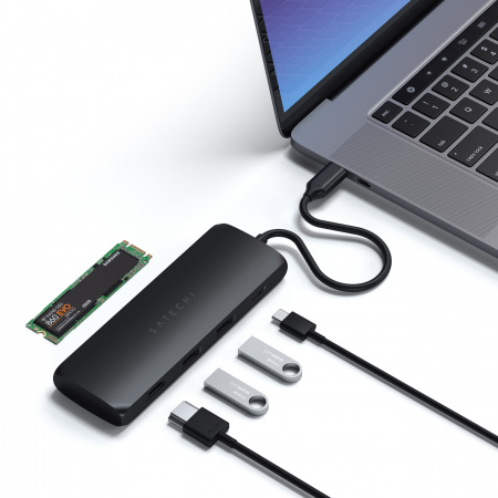 Përshtatës Satechi Aluminium USB-C Hybrid Multiport me kuti për SSD, i zi