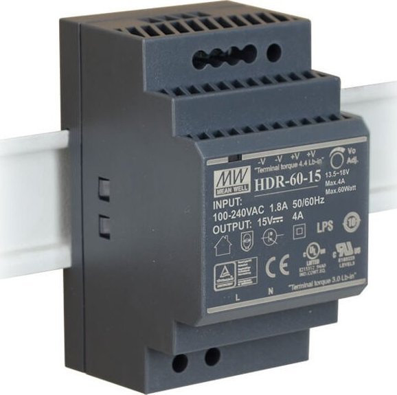 Furnizues energjie Mean Well HDR 60W, 15V, montim në shinë DIN TH35