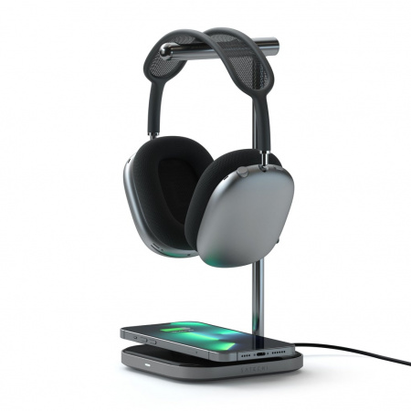 Mbajtëse për kufje Satechi 2-IN-1 me karikues Wireless, e hirtë
