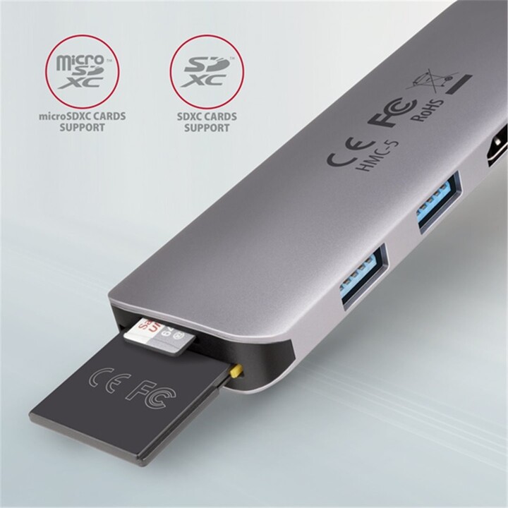 Hub multifunksional AXAGON, USB 3.2 Gen1, 2x USB-A, HDMI, SD / microSD, PD 100W