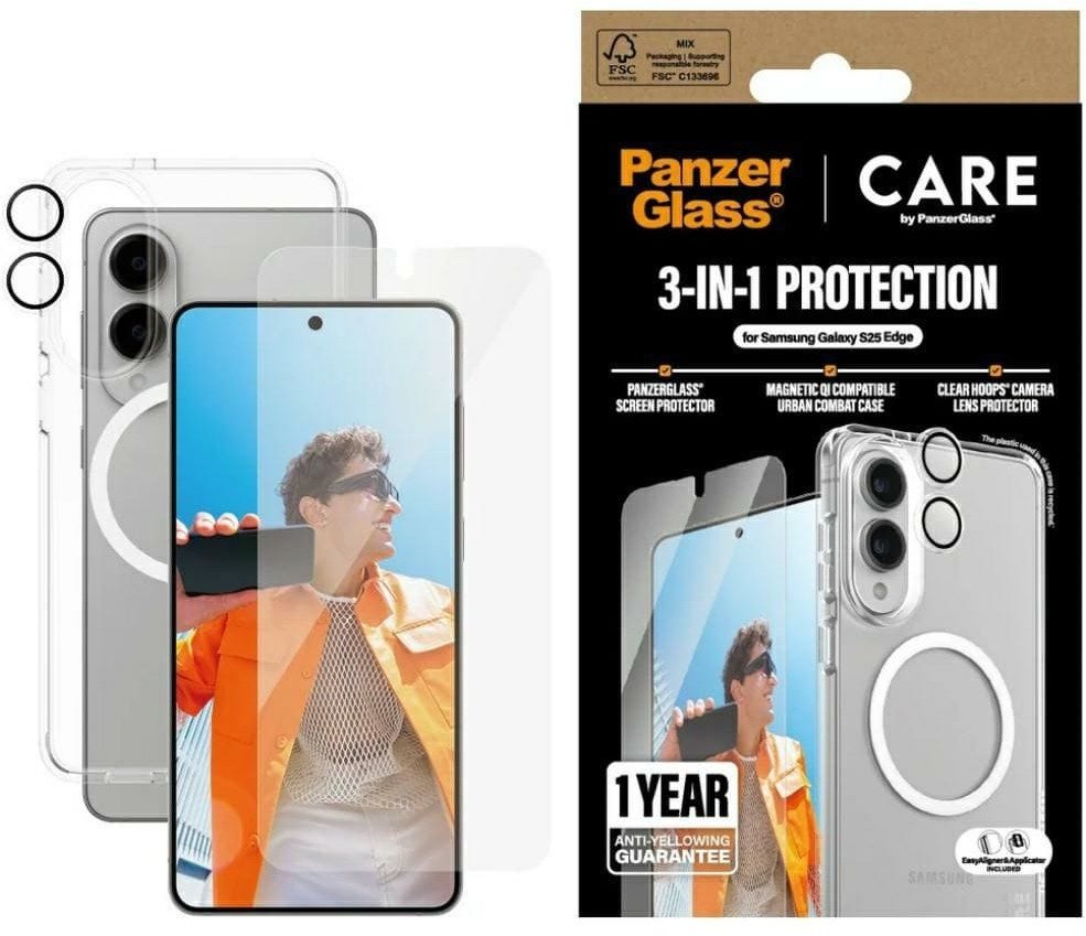 Set mbrojtës CARE by PanzerGlass Flagship 3in1 për Samsung Galaxy S25 Edge, kllapë xham mbrojtës lente