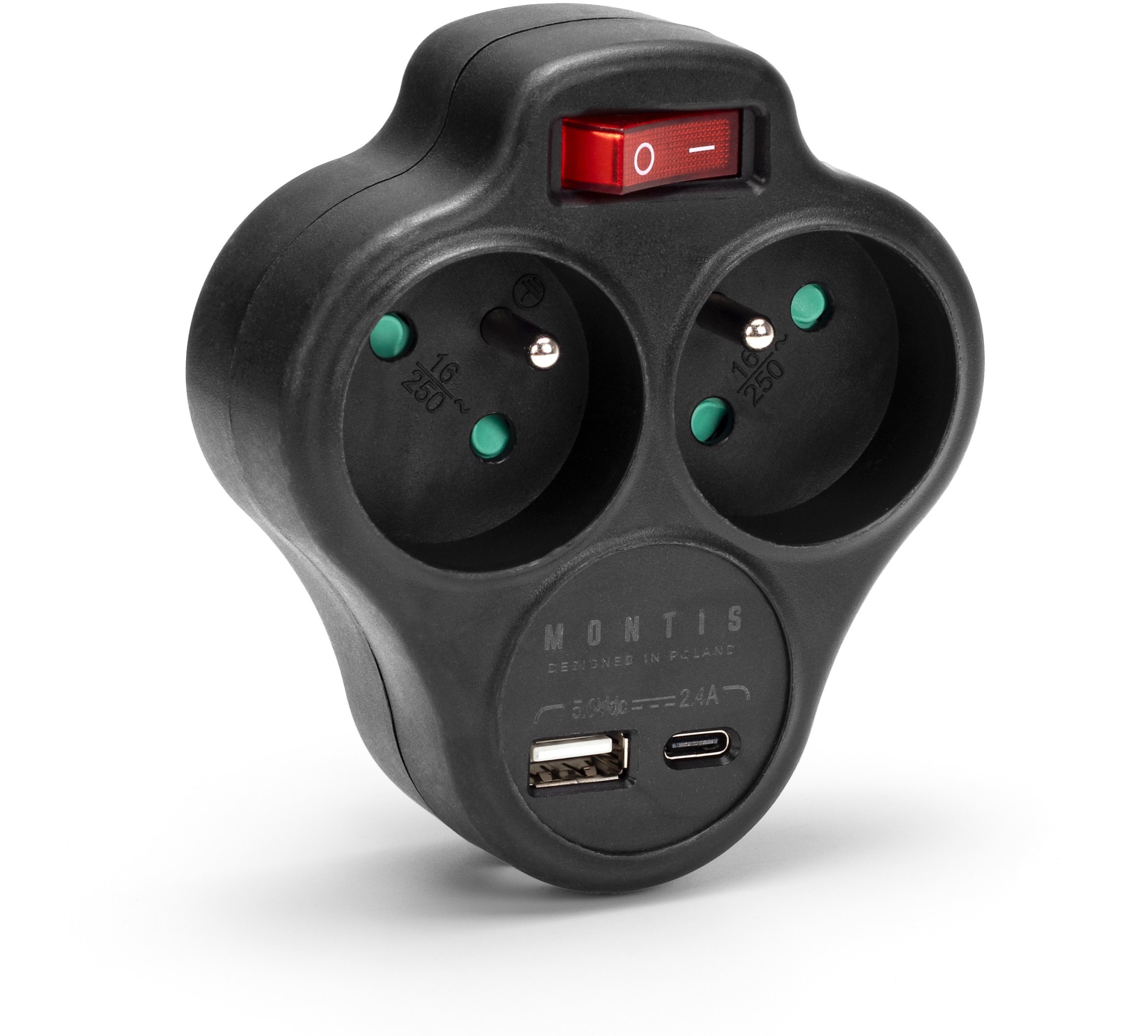 Ndarës elektrik MONTIS MT144 BK, 2x prizë, USB A USB C, i zi