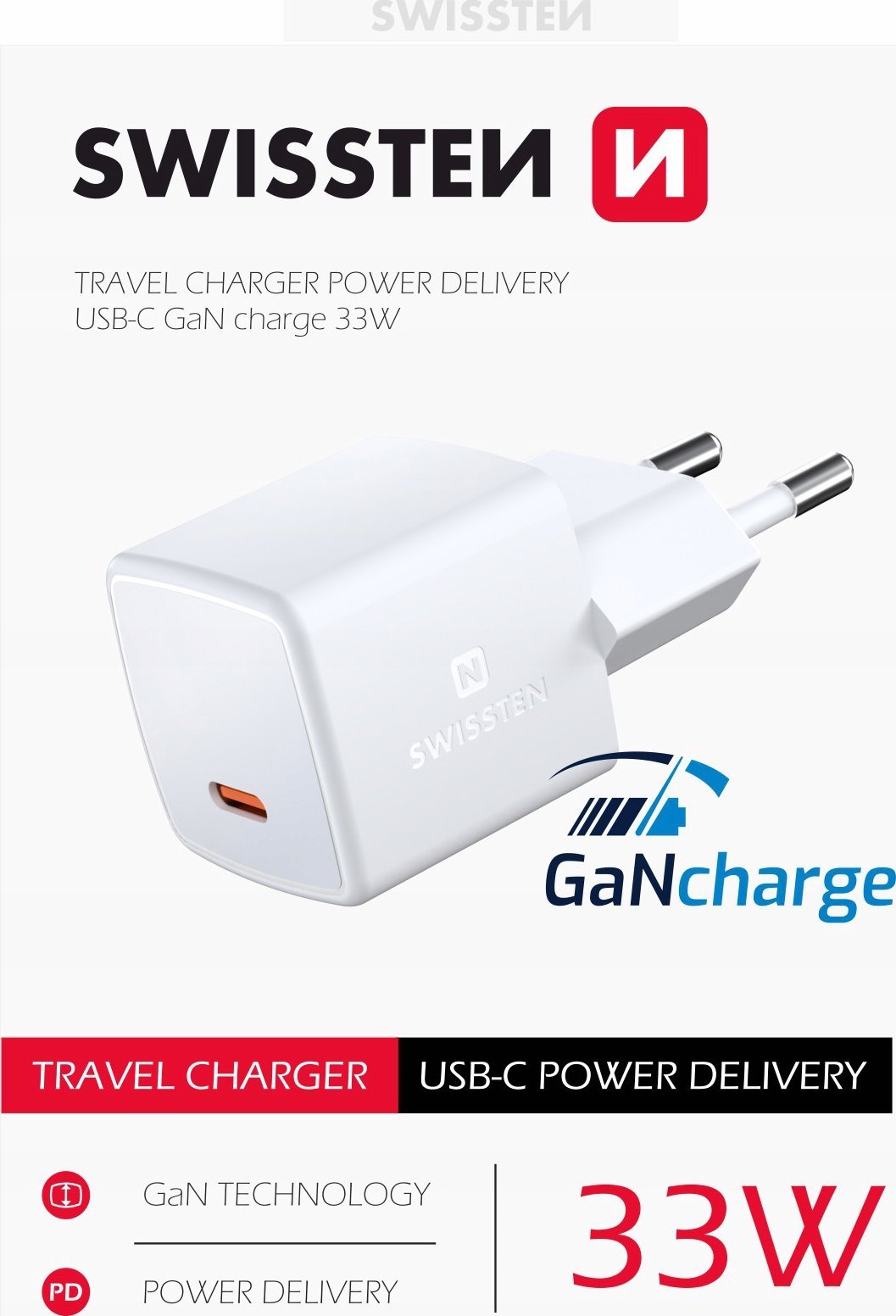 Karikues muri Swissten GaN USB C, 33W, Power Delivery, i bardhë